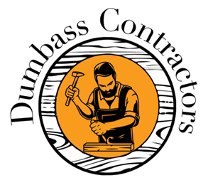 logo is a circular black and orange logo with a man holding a hammer and chisel surrounded by a faux wood circle and the words "dumbass contractors"